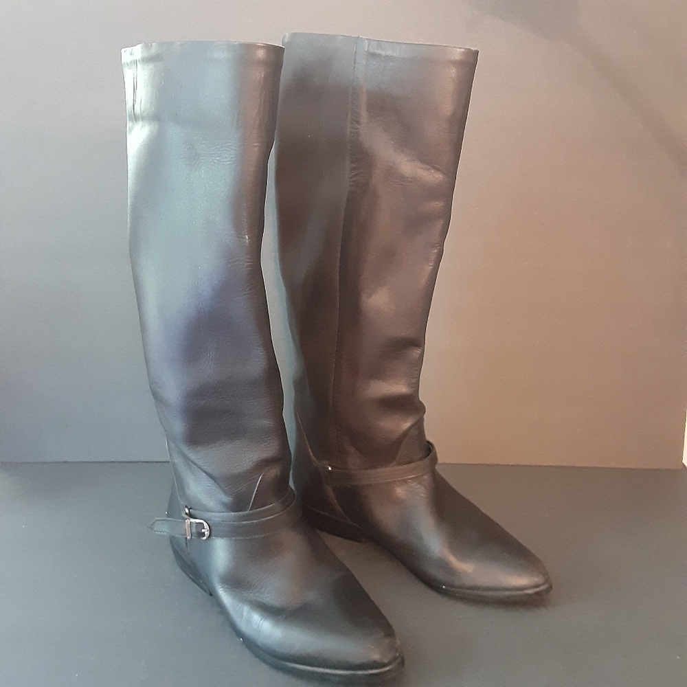 VINTAGE VIA MILANO BLACK KNEE HIGH 1" HEEL PULL ON LEATHER RIDING BOOTS WMS- 6B
